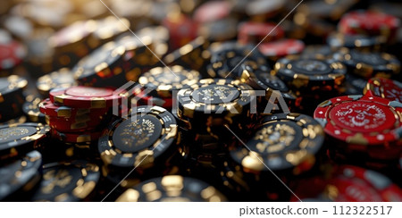 Virtual online casino concept, gaming, currency entertainment, gambling symbols, nightlife, deluxe symbol, betting chips playing cards, live poker digital entertainment, banner wallpaper background. 112322517
