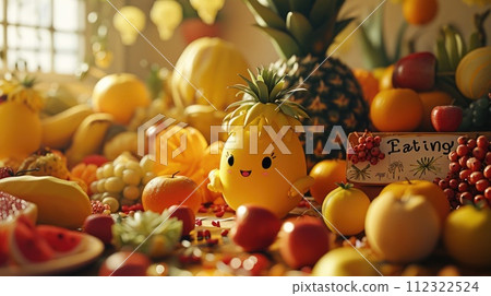 Joyful produce: cartoon characters, happy cute vegetables, and fruits holding a sign 'Eating Us.' A whimsical portrayal promoting the concept of proper nutrition and a healthy lifestyle. Joyful produce: cartoon characters, happy cute vegetables, and fruits holding a sign 'Eating Us.' A whimsical portrayal promoting the concept of proper nutrition and a healthy lifestyle. 112322524