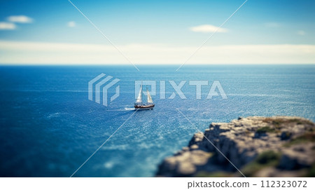 Scenery of blue sea, white sail yacht, and ships off the coast 112323072