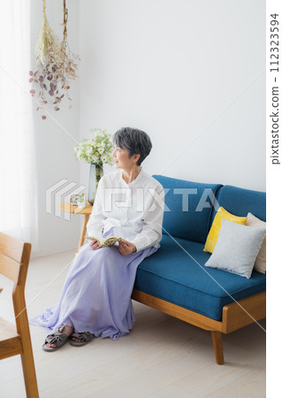 Senior woman reading in the living room 112323594