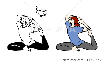 Female yoga instructor doing pigeon pose 112323733