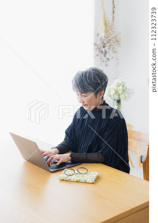在家使用計算機的資深婦女 在家使用計算機的資深婦女 112323739