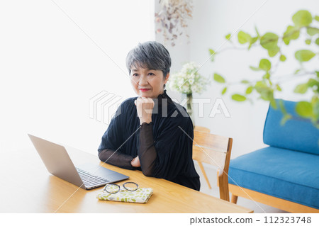 在家使用計算機的資深婦女 在家使用計算機的資深婦女 112323748