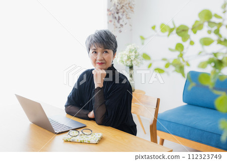 在家使用計算機的資深婦女 在家使用計算機的資深婦女 112323749