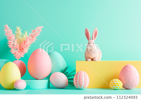 Two rabbits are sitting next to each other on podiums with Easter eggs, each uniquely painted Two rabbits are sitting next to each other on podiums with Easter eggs, each uniquely painted 112324093