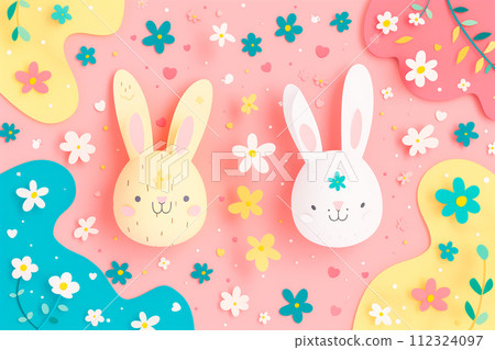Illustration of colorful pastel Easter eggs, each uniquely painted and rabbits on meadow with grass and daisies 112324097