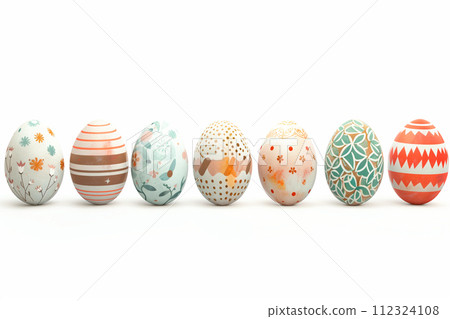 A row of colorful pastel Easter eggs, each uniquely painted with different texture on a white background A row of colorful pastel Easter eggs, each uniquely painted with different texture on a white background 112324108