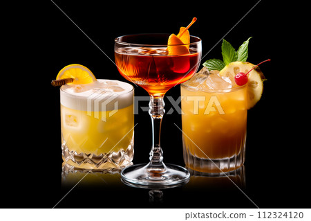 Set and collection of classic alcohol cocktails or mocktail isolated on white background with fresh summer fruits Set and collection of classic alcohol cocktails or mocktail isolated on white background with fresh summer fruits 112324120
