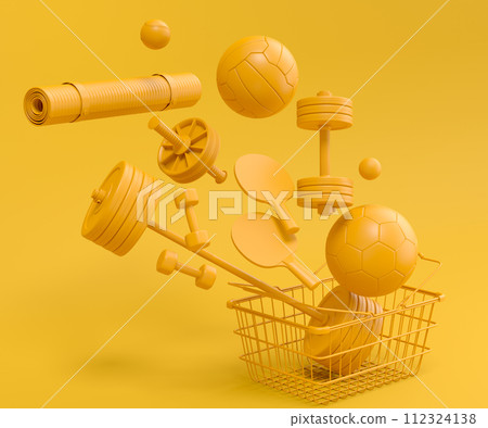 Sport equipment for fitness, gym in shopping basket on monochrome Sport equipment for fitness, gym in shopping basket on monochrome 112324138