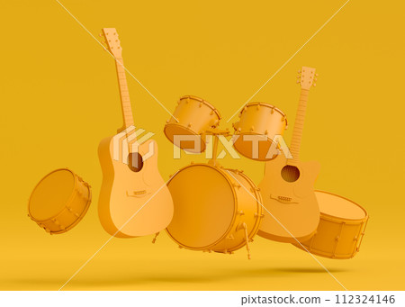 Set of electric acoustic guitars and drums with cymbals on monochrome background 112324146