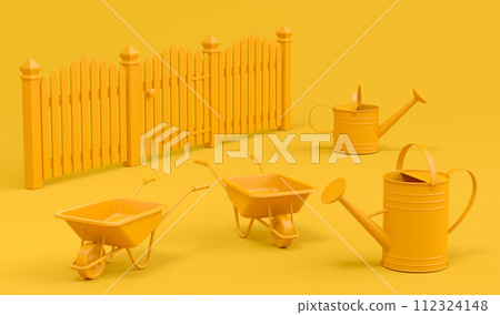 Garden wheelbarrow with garden tools like shovel, rake and fork on monochrome 112324148