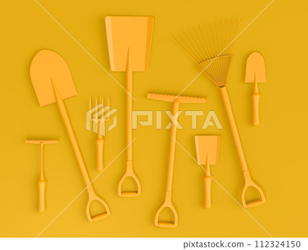 Garden shovel, pitchfork and rake on monochrome background, camping concept Garden shovel, pitchfork and rake on monochrome background, camping concept 112324150