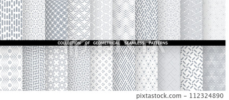 Geometric set of seamless gray and white patterns. Simple vector graphics. Geometric set of seamless gray and white patterns. Simple vector graphics. 112324890