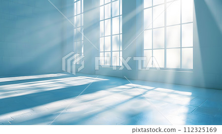 AI-generated content. The electric blue tints and shades of the suns rays illuminate the wooden flooring of the empty room through the window 112325169