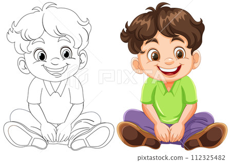 Cheerful Boy Sitting: Before and After Cheerful Boy Sitting: Before and After 112325482