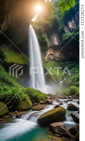 Waterfall in deep tropical forest 112326213