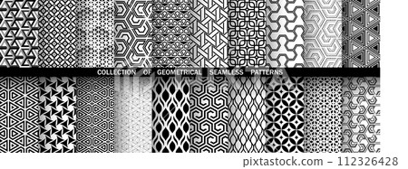 Geometric set of seamless black and white patterns. Simple vector graphics Geometric set of seamless black and white patterns. Simple vector graphics 112326428