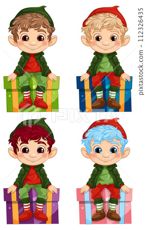 Colorful Elves Sitting on Gift Boxes 112326435