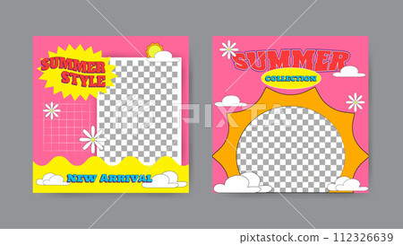 Collection of summer social media post templates in cartoon style. Square banner design background. 112326639