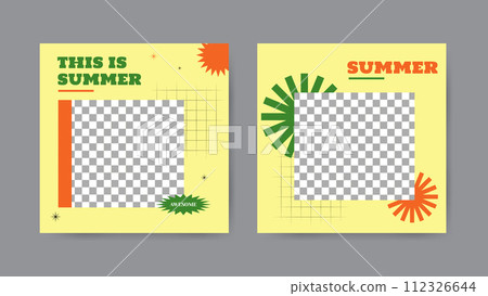 Collection of summer social media post templates in cartoon style. Square banner design background. 112326644