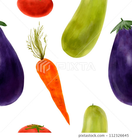 Vegetable seamless pattern in watercolor, hand drawn. Eggplant, tomato, zucchini, carrots. For kitchen textiles, wallpaper, menu, packaging design Vegetable seamless pattern in watercolor, hand drawn. Eggplant, tomato, zucchini, carrots. For kitchen textiles, wallpaper, menu, packaging design 112326645