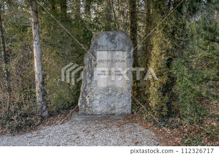 Dachau Concentration Camp victims Monument sign outside the Crematorium says in German: Think about how we died here 112326717
