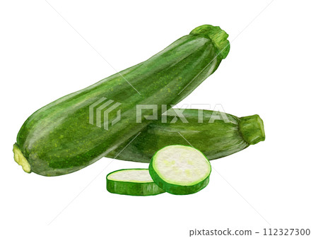 2 real and shiny zucchini and 2 slices 112327300