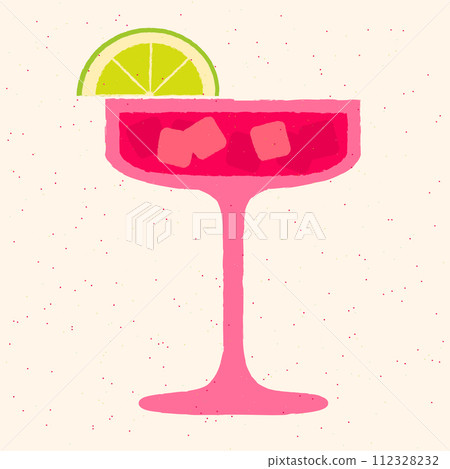Pink cocktail with ice cubes, lime. Lemonade in margarita glass. Tequila with gin tonic 112328232
