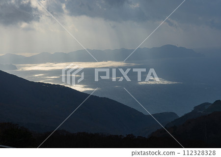 Tsugaru Strait from the observation deck in Kitatsugaru District, Aomori Prefecture, Japan 112328328