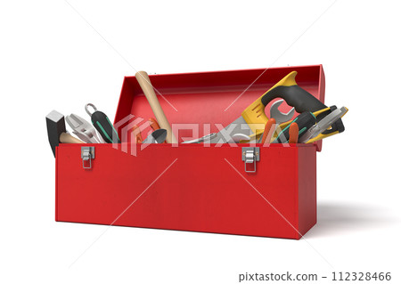 Toolbox with tools partially opened on white 112328466