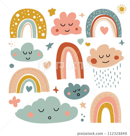 Rainbows, stars, sun, a set of vector hand drawn illustration with boho style. rainbow set. Scandinavian style. Nursery child sleeping clouds Rainbows, stars, sun, a set of vector hand drawn illustration with boho style. rainbow set. Scandinavian style. Nursery child sleeping clouds 112328849
