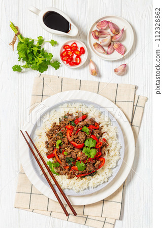 Thai holy basil stir fry with ground beef on plate Thai holy basil stir fry with ground beef on plate 112328862