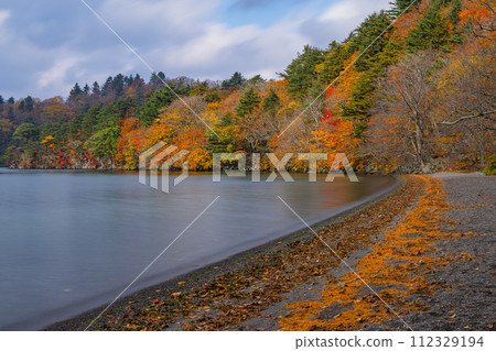 Japan: Autumn leaves at Lake Towada and Ozengahama in Okuse Towada Lake Yasuya, Towada City, Aomori Prefecture Japan: Autumn leaves at Lake Towada and Ozengahama in Okuse Towada Lake Yasuya, Towada City, Aomori Prefecture 112329194