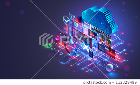Cloud computing isometric concept. Cloud storage in software development. Digital internet technology. Database remote administration. Cloud technology data center. Abstract computer interface. 112329489
