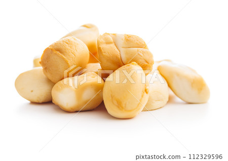 Smoked mini scamorza cheese. Traditional italian cheese isolated on white background. 112329596