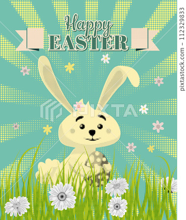 Happy Easter poster eggs hunt, white cute bunny with color eggs 112329833