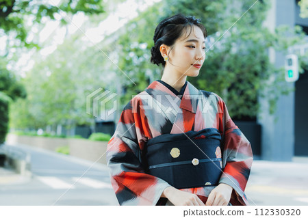 A woman in a kimono Meisen with a geometric pattern 112330320
