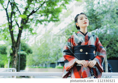 A woman in a kimono Meisen with a geometric pattern A woman in a kimono Meisen with a geometric pattern 112330321