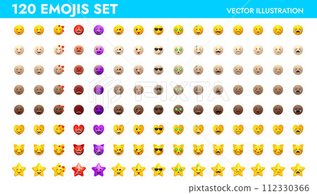 Emoji set vector illustration design. Emoticons pack for web and mobile applications. Facial circle signs for messengers ans apps. Yellow and different skin tones icons. Emoji set vector illustration design. Emoticons pack for web and mobile applications. Facial circle signs for messengers ans apps. Yellow and different skin tones icons. 112330366