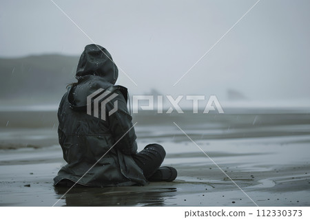woman on the seashore, gloomy day, generative AI 112330373