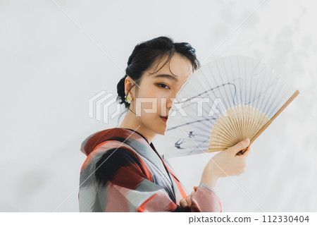 A woman in a kimono Meisen with a geometric pattern 112330404