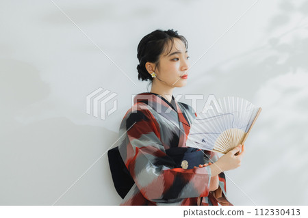 A woman in a kimono Meisen with a geometric pattern 112330413
