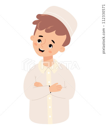 Cute islamic boy child. Happy muslim ethnic character. Vector illustration in cartoon flat style. Cute islamic boy child. Happy muslim ethnic character. Vector illustration in cartoon flat style. 112330571