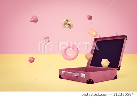 3d rendering of open suitcase with random objects on yellow pink background 3d rendering of open suitcase with random objects on yellow pink background 112330594