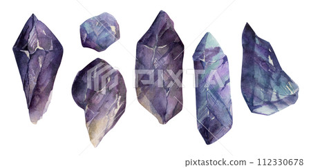 Hand drawn watercolor illustration precious semiprecious jewel gem crystal chakra birth stone. Amethyst fluorite. Set of objects isolated on white background. Design poster, shop, jewelry, fashion 112330678