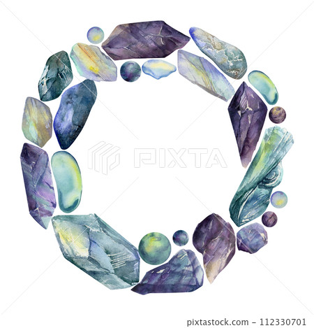 Hand drawn watercolor illustration precious jewel gem crystal chakra birth stone. Amethyst aquamarine moonstone lapis. Wreath frame isolated on white background. Design print, shop, jewelry, fashion Hand drawn watercolor illustration precious jewel gem crystal chakra birth stone. Amethyst aquamarine moonstone lapis. Wreath frame isolated on white background. Design print, shop, jewelry, fashion 112330701