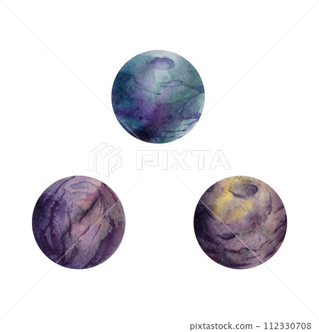 Hand drawn watercolor illustration precious semiprecious jewel gem crystal chakra birth stone. Amethyst fluorite purple. Set of objects isolated white background. Design print, shop, jewelry, fashion 112330708