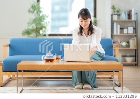 A middle-aged woman operating a computer in the living room 112331299