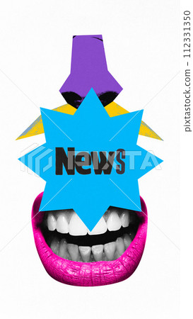 Poster. Contemporary art collage. Purple nose with yellow mustache behind blue star with text 'News', and pink mouth showing teeth. Propaganda. 112331350