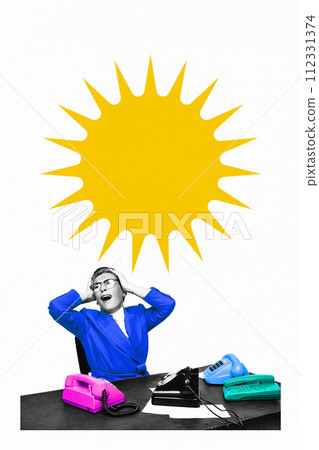 Poster. Contemporary art collage. Stressed woman at desk with phones put hands on head with yellow burst above with copy space. Poster. Contemporary art collage. Stressed woman at desk with phones put hands on head with yellow burst above with copy space. 112331374